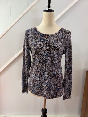 Talbots Pure Merino Wool Blue Brown Leopard Print Long Sleeve Sweater Size S